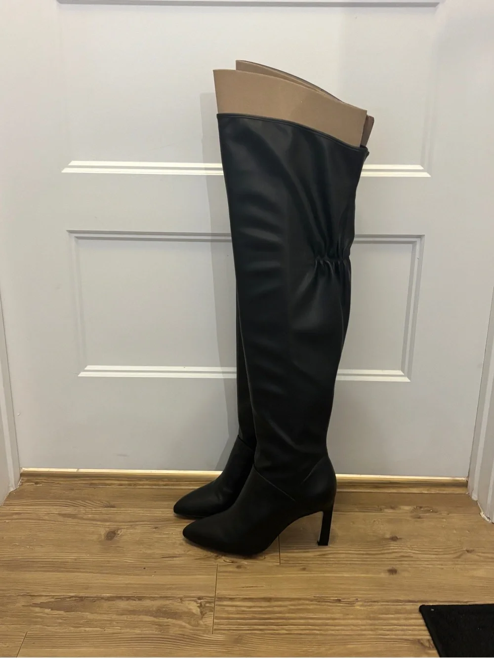 Franco Sarto Black Over-the-Knee Stiletto Boots with Beige Lining